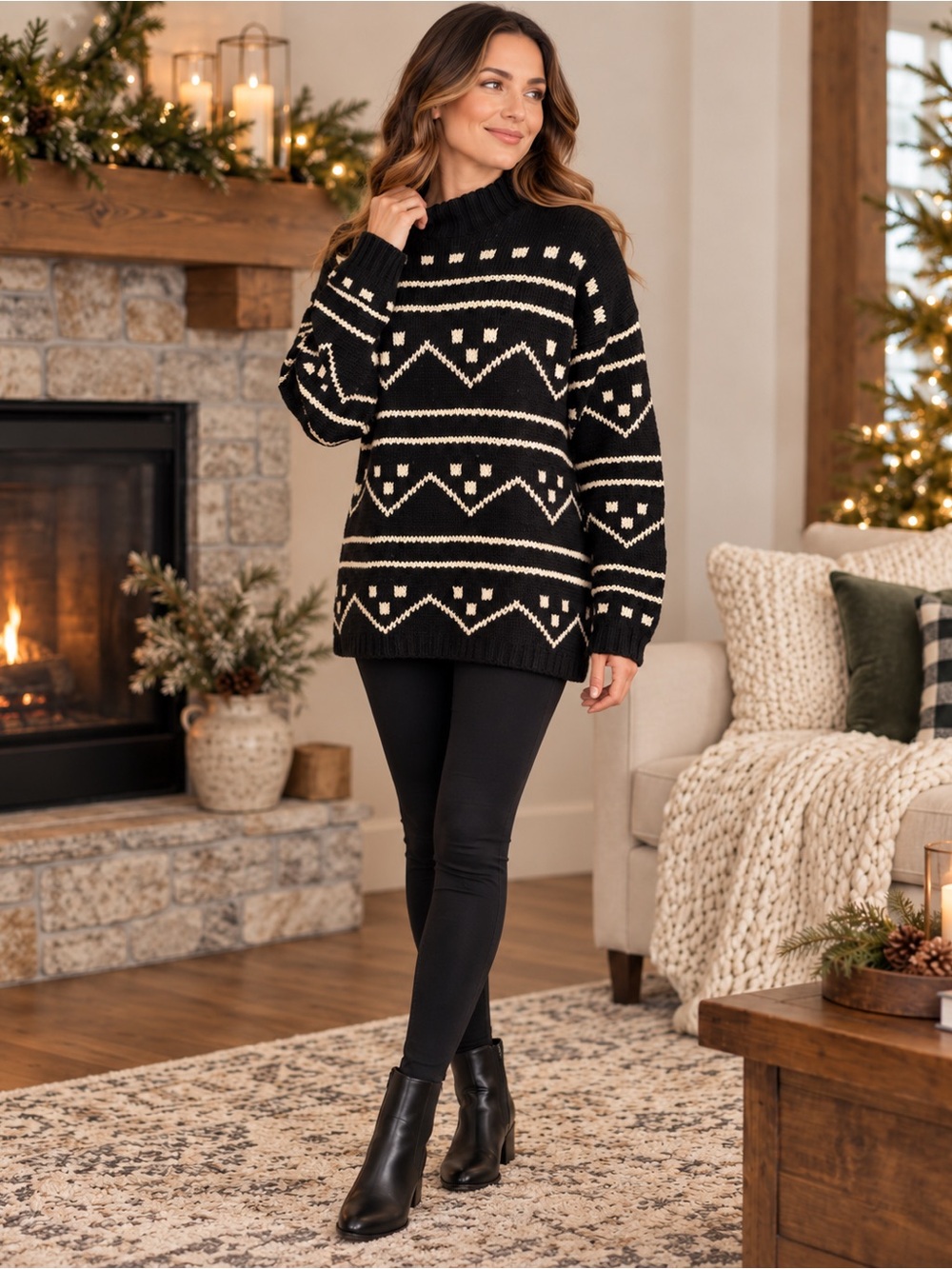 Chunky Nordic Fair Isle Sweater M Hand Knit Mock Neck OS Cabin Jones NY Cotton